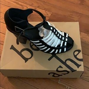 White and black block heel